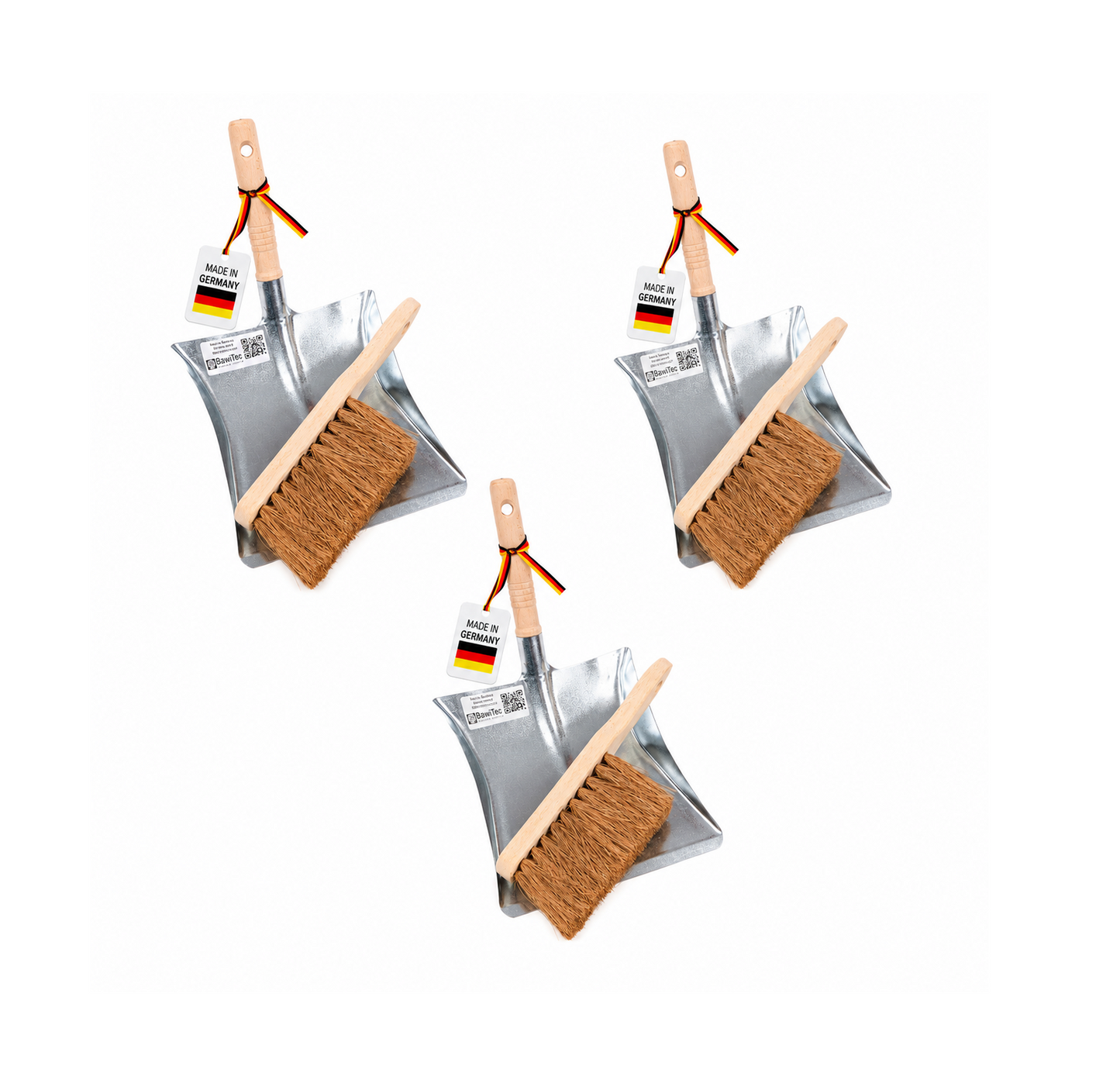 3 Stück Kehrgarnitur Kokos-Naturfaser-Borsten Handfeger 28cm und Metall-Kehrschaufel Handwerker-Set