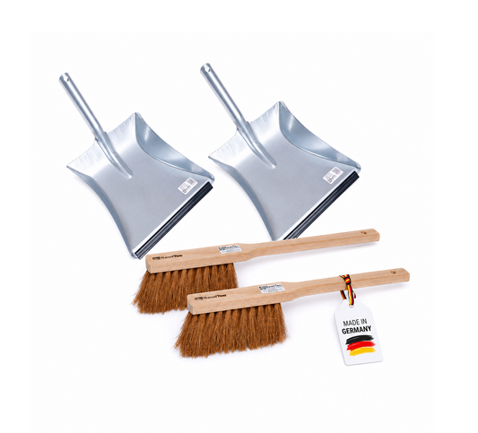 2 Stück Kehrgarnitur Kokos-Handfeger 43cm Langstiel Metall-Kehrschaufel mit Lippe Handwerker-Set