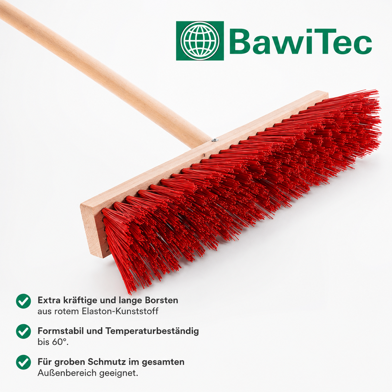 Street broom "Maxus" Elaston plastic bristles red with matching handle wooden handle robust and stable