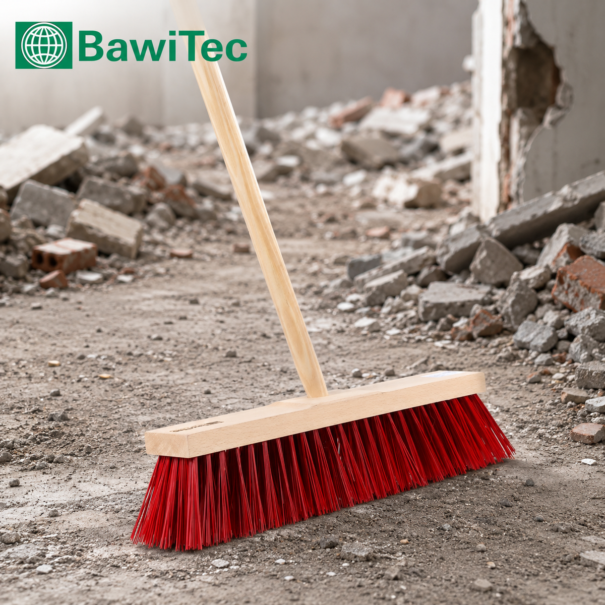 Street broom "Maxus" Elaston plastic bristles red with matching handle wooden handle robust and stable