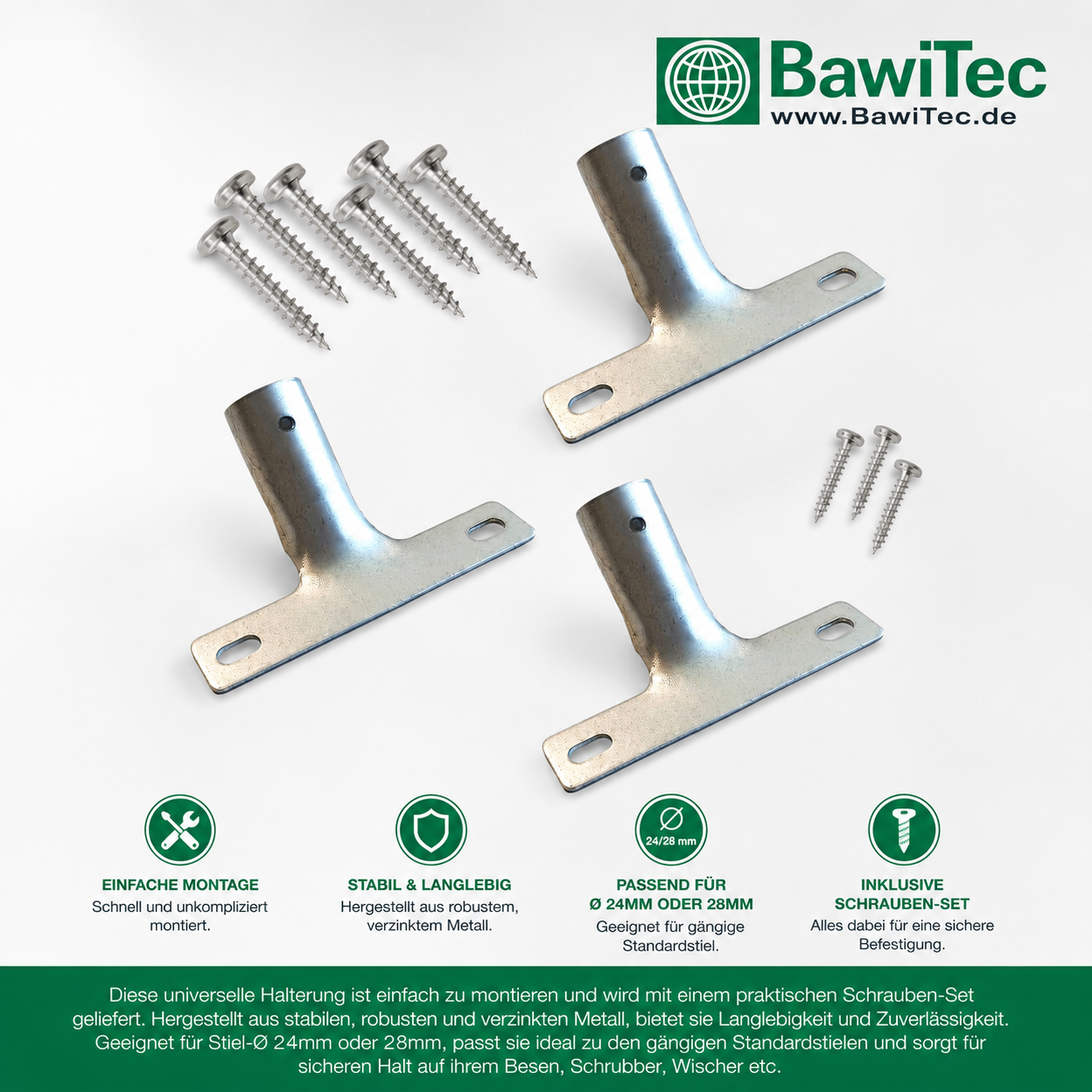 Metallhalter Stielhalter im Set Ø 24mm oder 28mm für Besenstiele Holzstiele Besenstielhalter Metall-Halterung