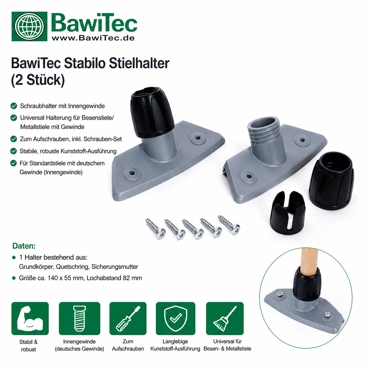 Pack of 2 plastic screw holders for handles, broom handles, handle holders with thread, stable design