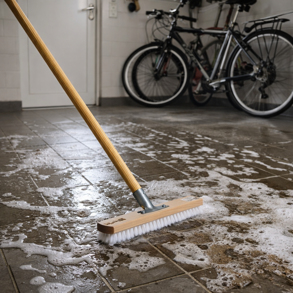 Sehr stabiler Großflächen-Schrubber 40cm Breite mit Metallhalter und Holzstiel 140cm Länge