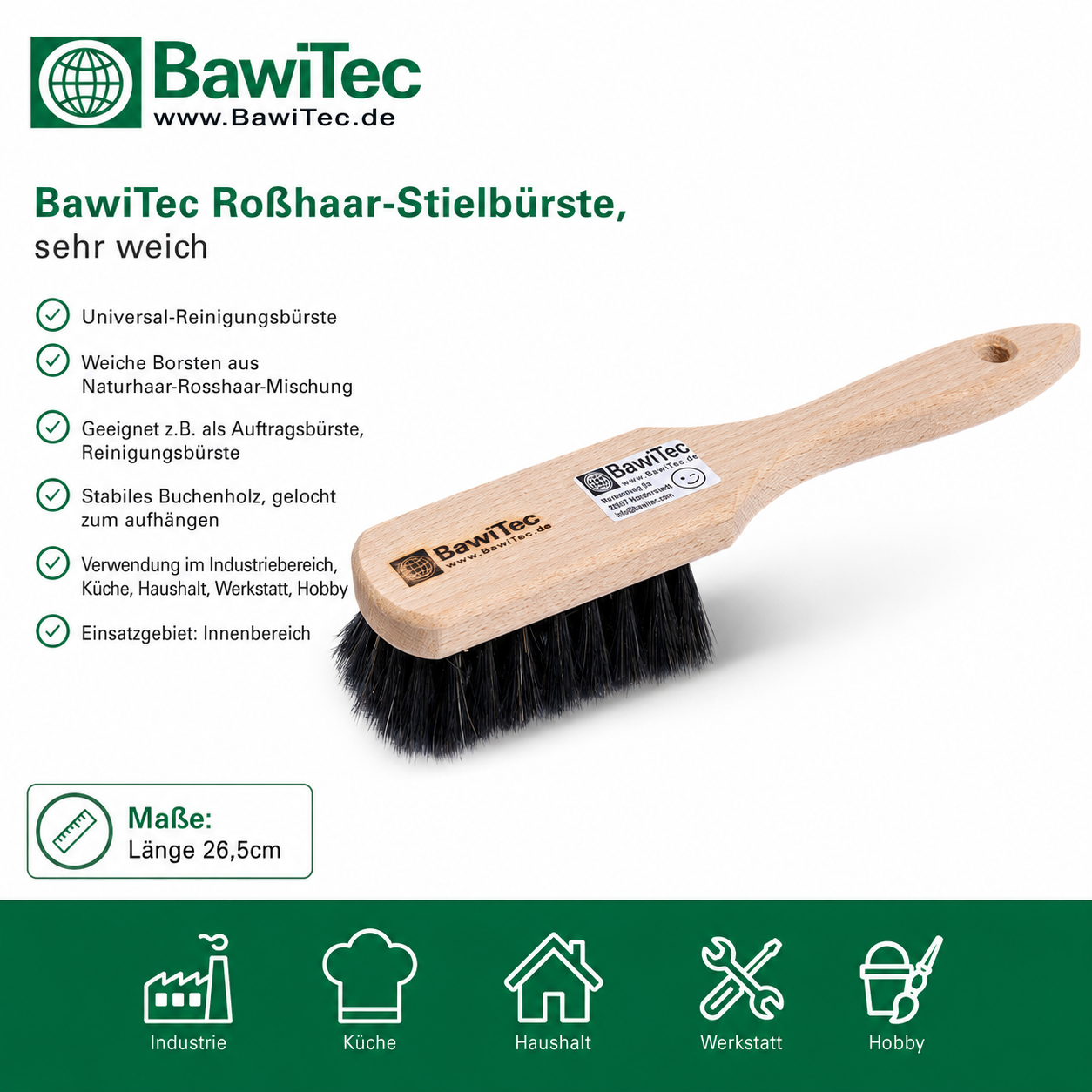 Holz Stielbürste 265mm sehr weiche Rosshaar-Naturhaar-Borsten mit Bart/Rand Reinigungsbürste