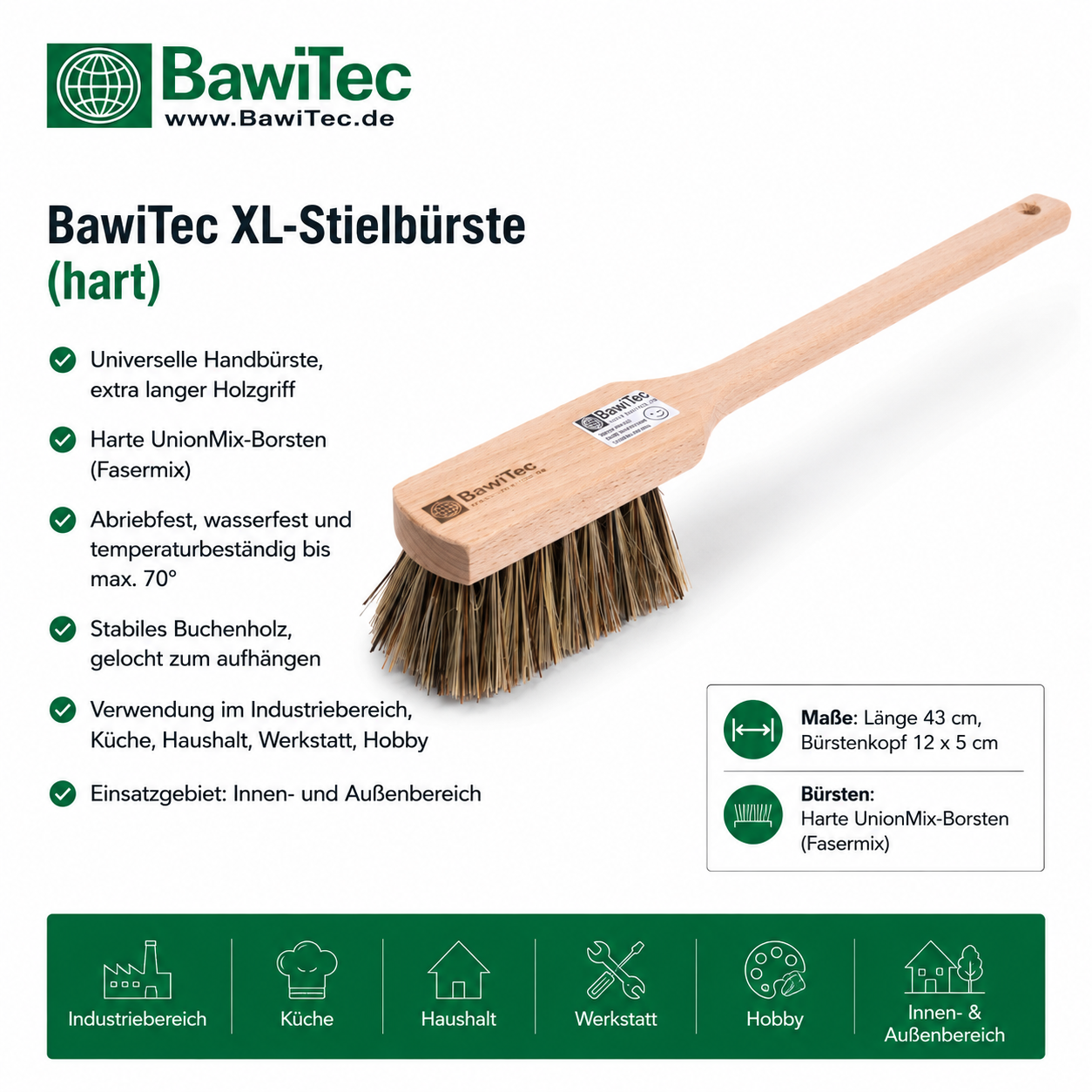 XL Stielbürste harte UnionMix-Borsten 43cm Lang Reinigungsbürste Handbürste