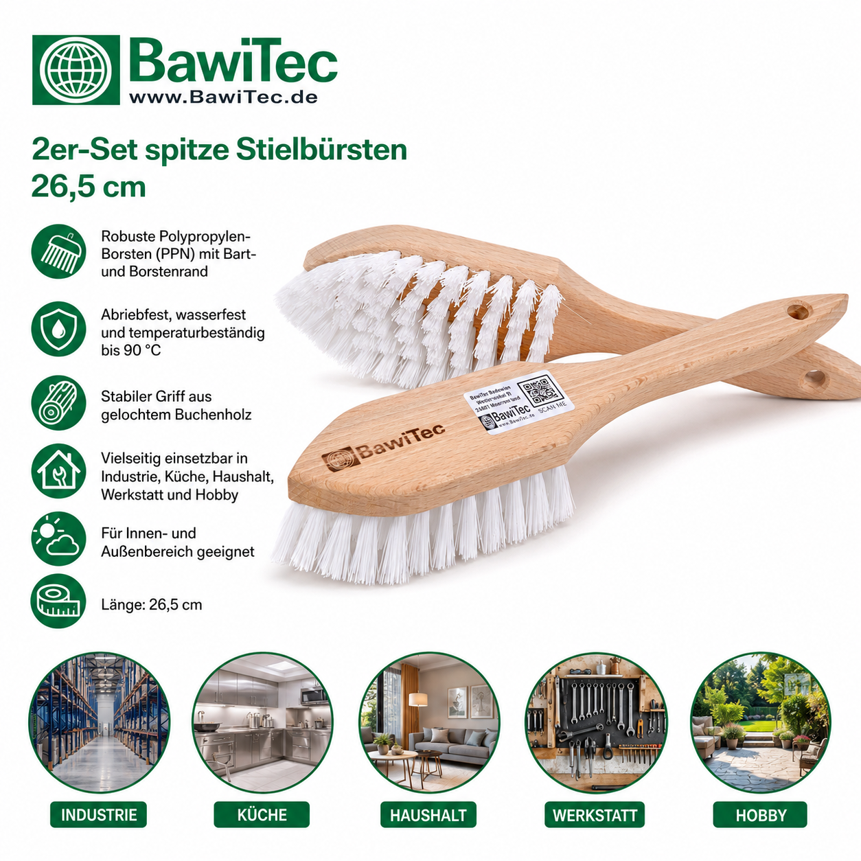 Pack of 2 pointed handle brushes, cleaning brushes, 265 mm, ppn bristles, white, scrubbing brushes
