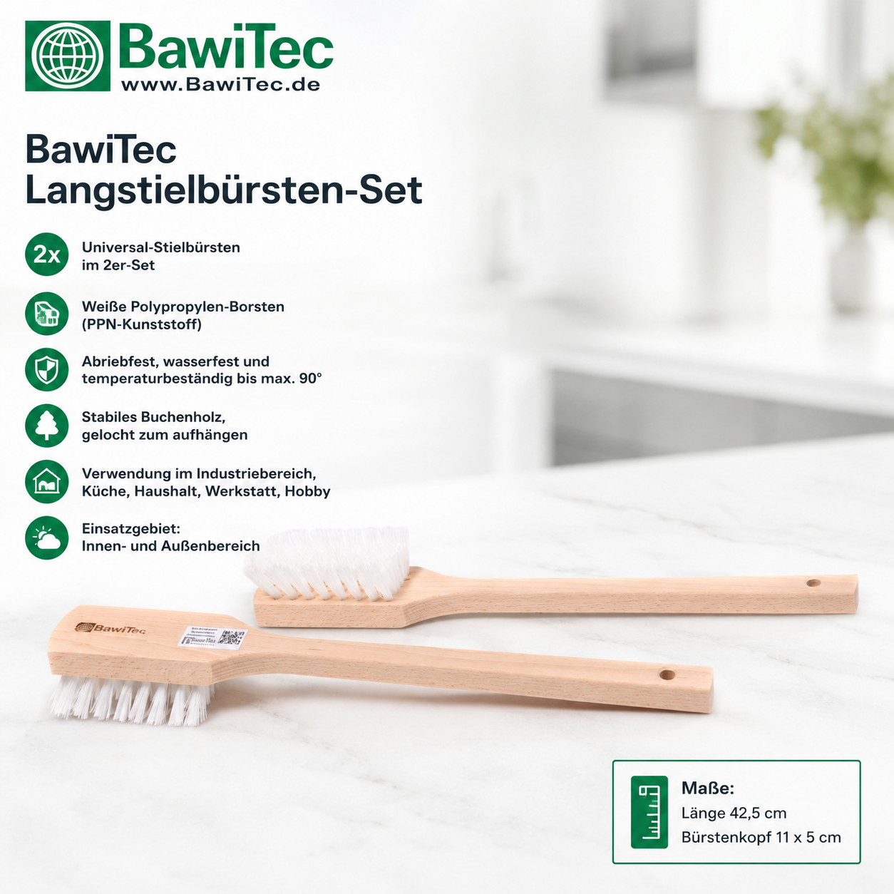 Pack of 2 long-handled cleaning brushes 425 mm ppn bristles white