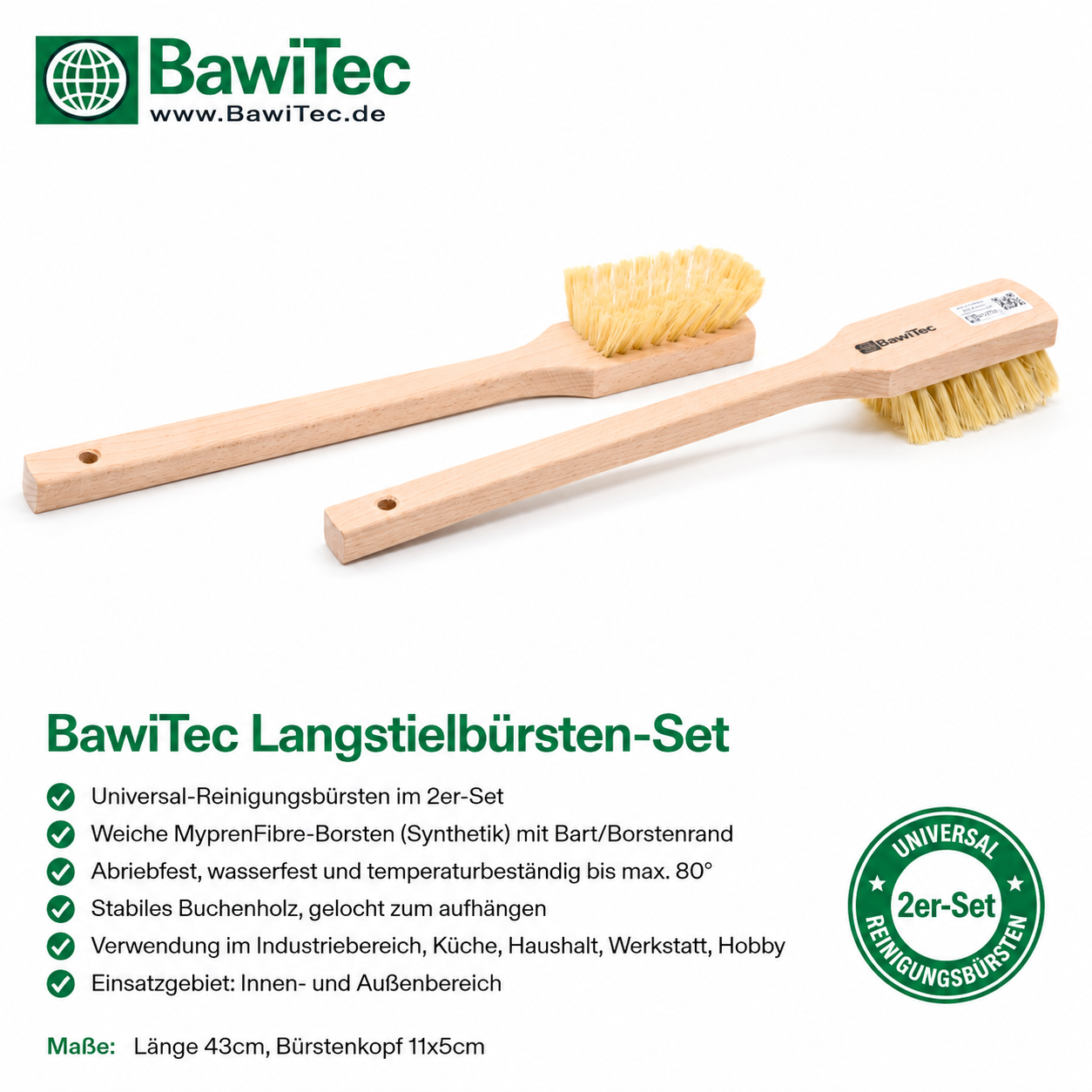 2 Stück Stielbürsten 43cm Lang Holz-Langstiel Reinigungsbürsten MyprenFibre-Borsten