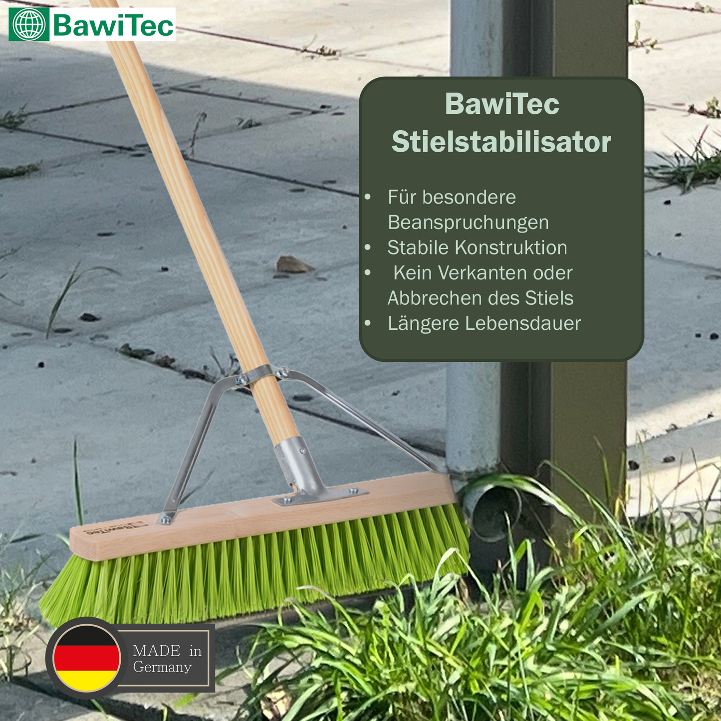 Professioneller Straßenbesen Elaston-Borsten  neongrün mit Stielstabilisator und Holzstiel Stiel Besen