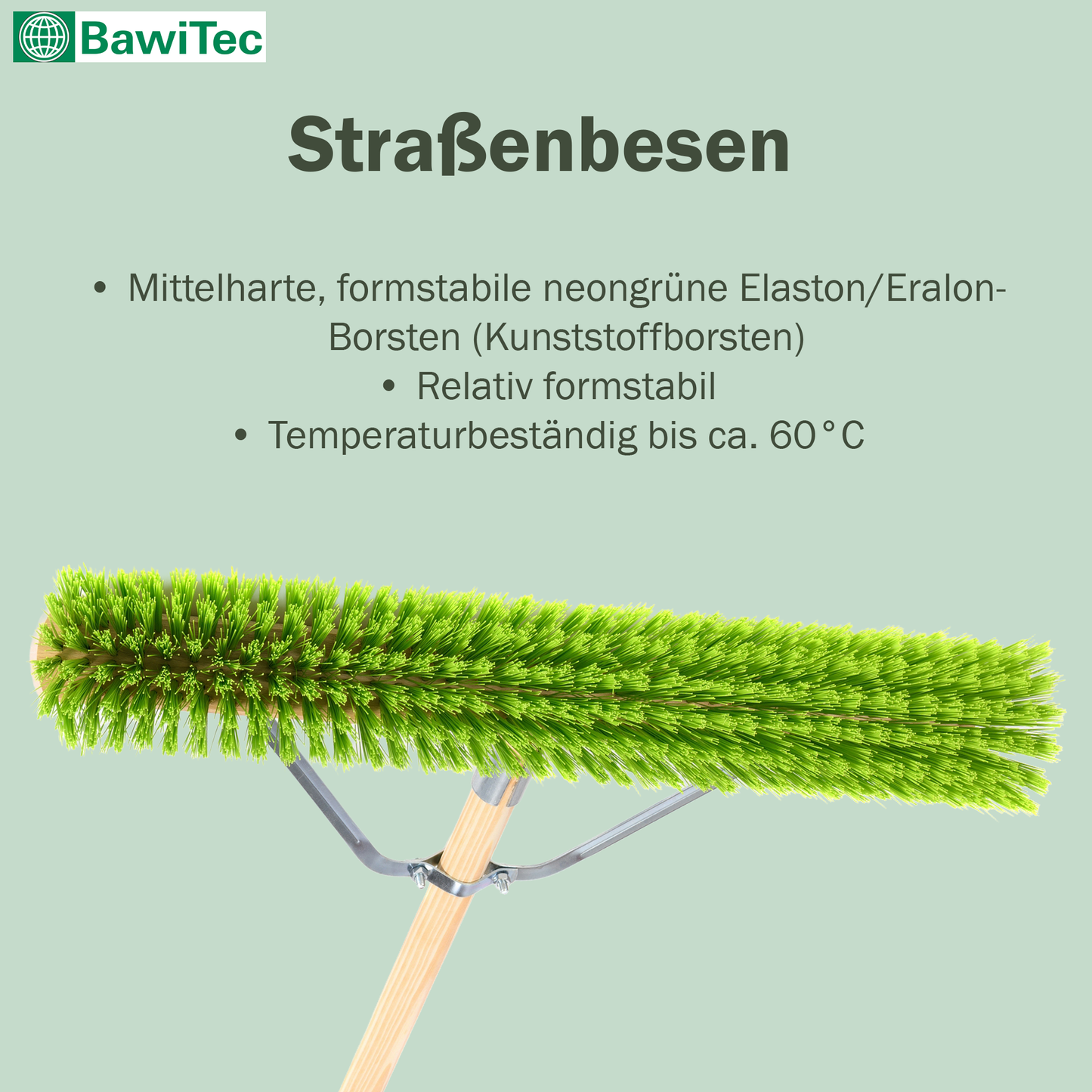 Professioneller Straßenbesen Elaston-Borsten  neongrün mit Stielstabilisator und Holzstiel Stiel Besen