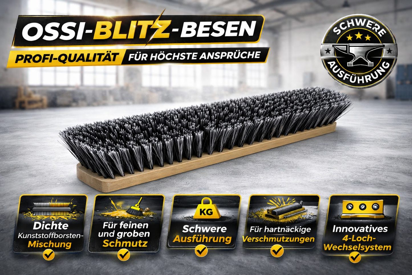 OssiBlitz-Besen 4-Loch-Wechselsystem harte Borsten Straßenbesen ohne Stiel
