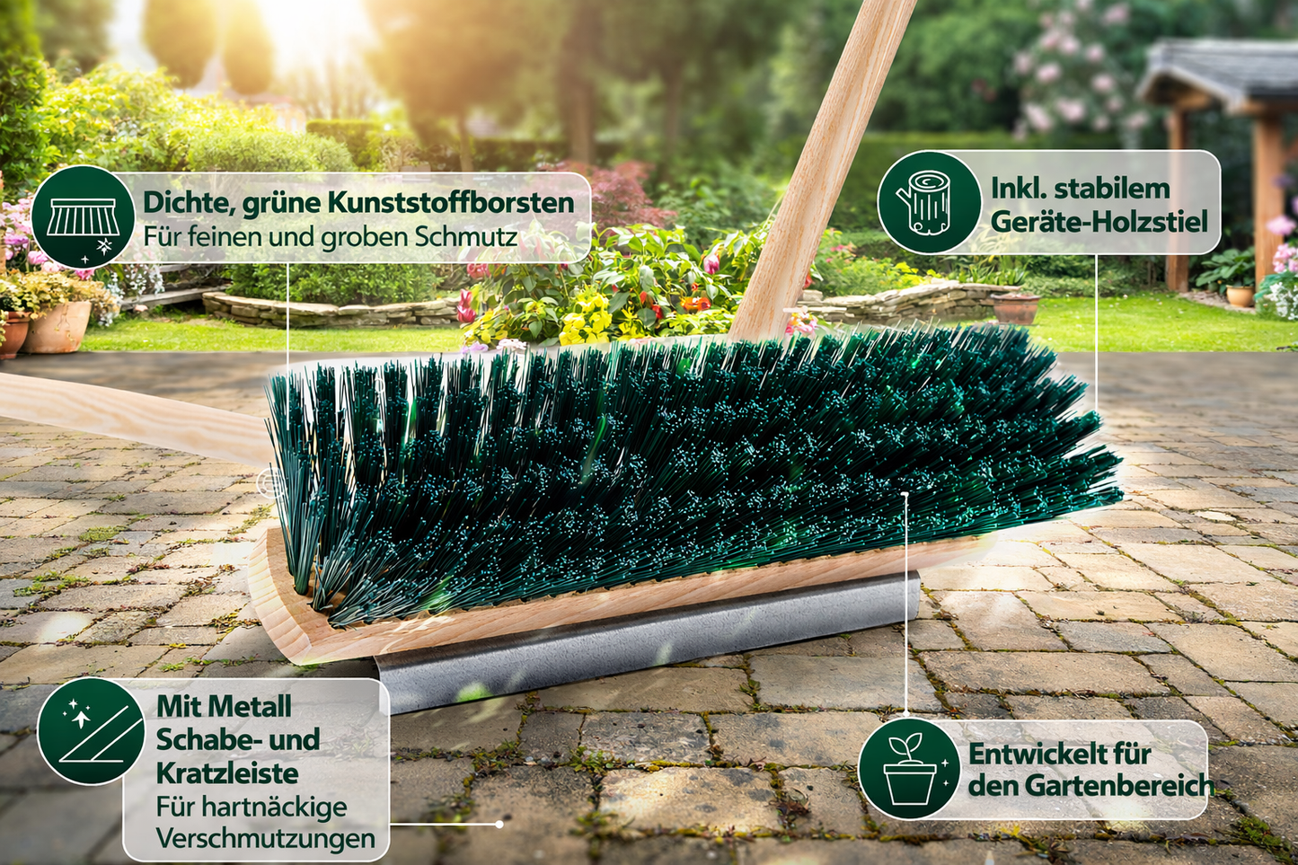 Garden broom street broom 40cm wide with broom handle and metal scraper strip scraper edge