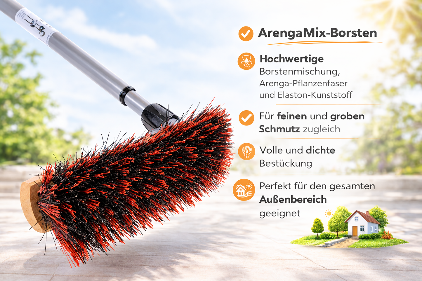 Straßenbesen Arenga-Mix-Borsten mit Teleskopstiel stufenlos ausziehbar Kehrbesen mit Stiel