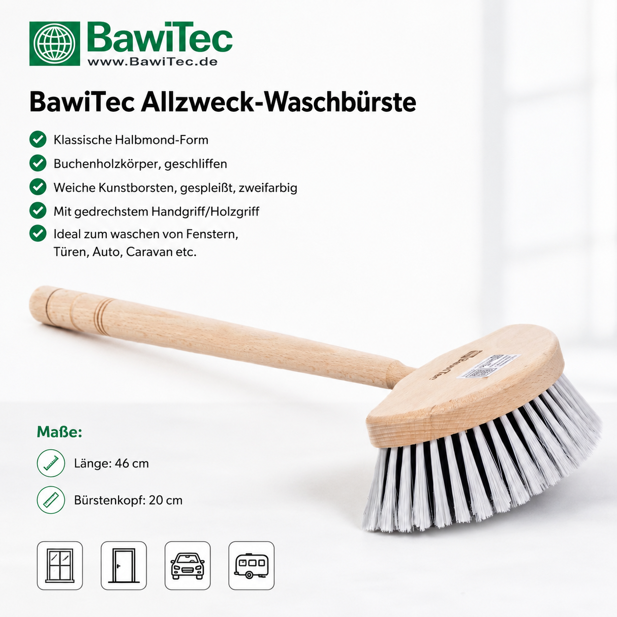 Waschbürste Fensterwascher Halbmond Form 20cm mit Stiel Hand-Holz-Griff 37cm Handwaschbürste