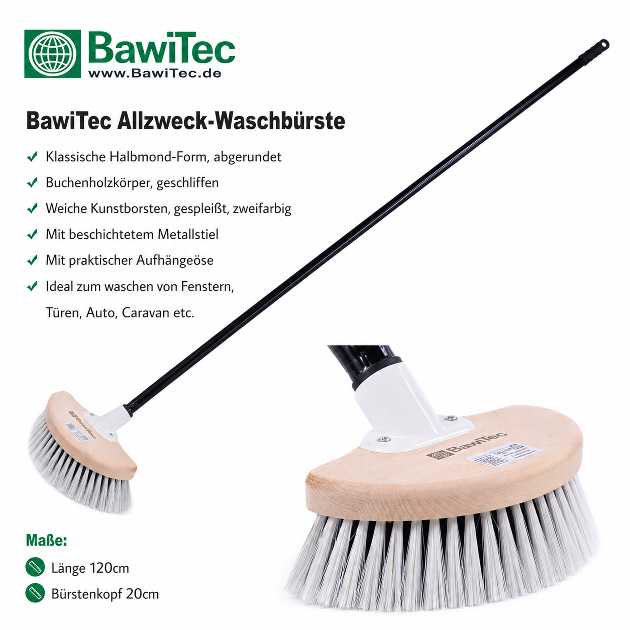 Universal Waschbürste Fensterwascher Halbmond Form 20cm mit Metallstiel schwarz 120cm Lang