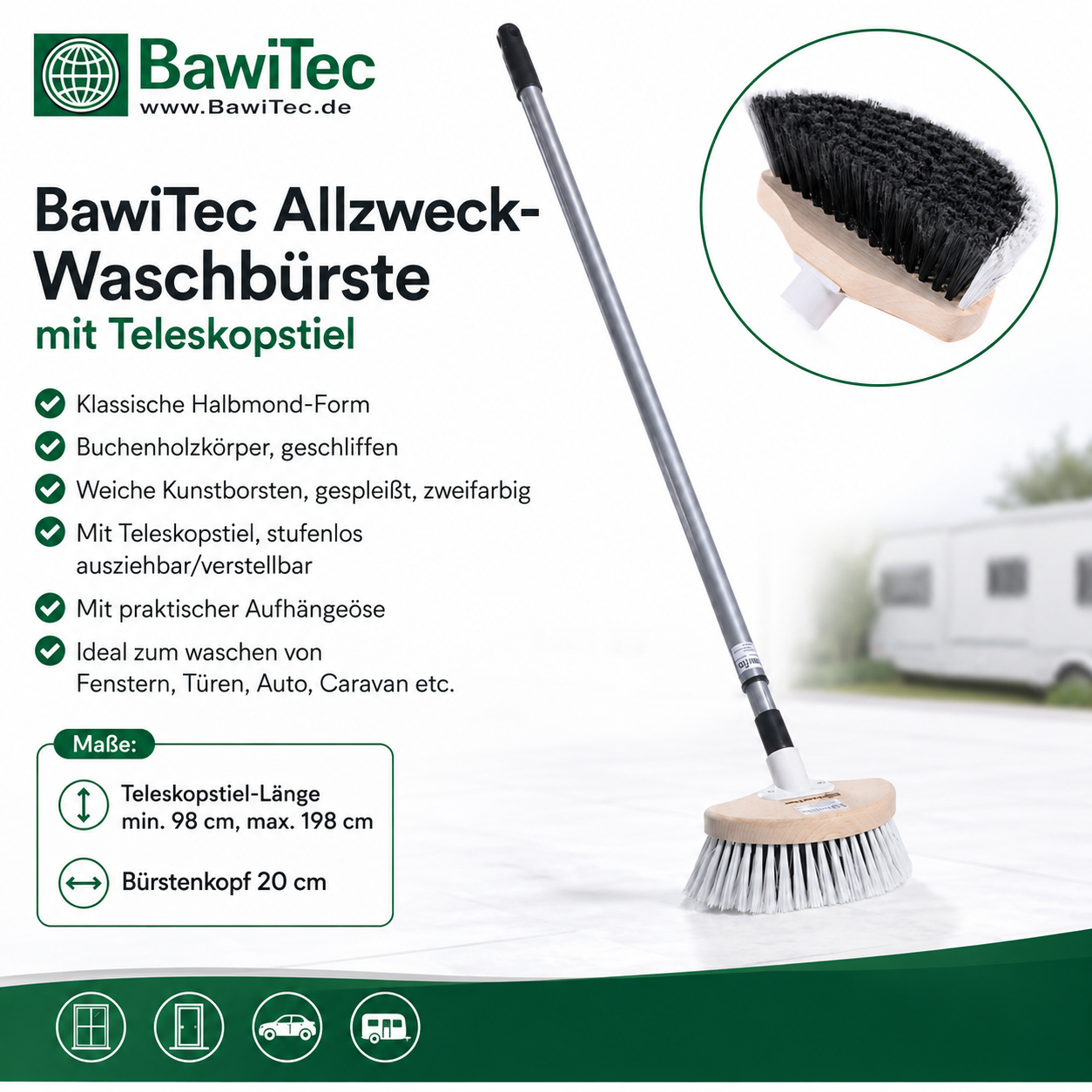 Waschbürste Fensterwascher Halbmond Form 20cm mit Metall-Teleskopstiel 200cm Lang