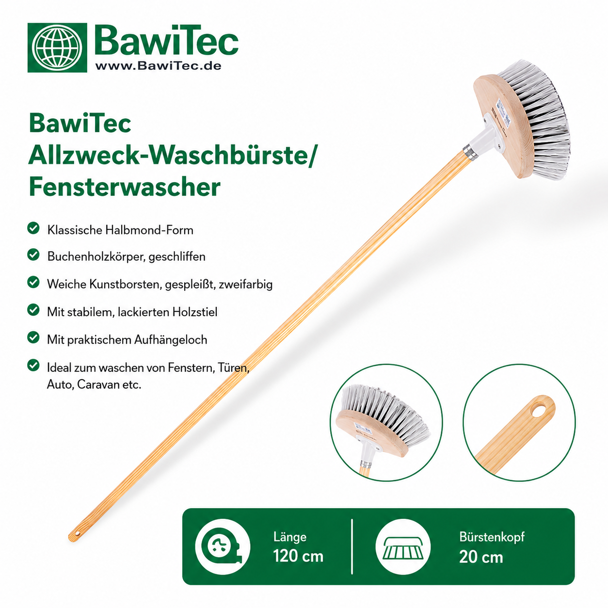 Waschbürste Fensterwascher Halbmond Form 20cm mit stabilem Holzstiel 120cm Lang