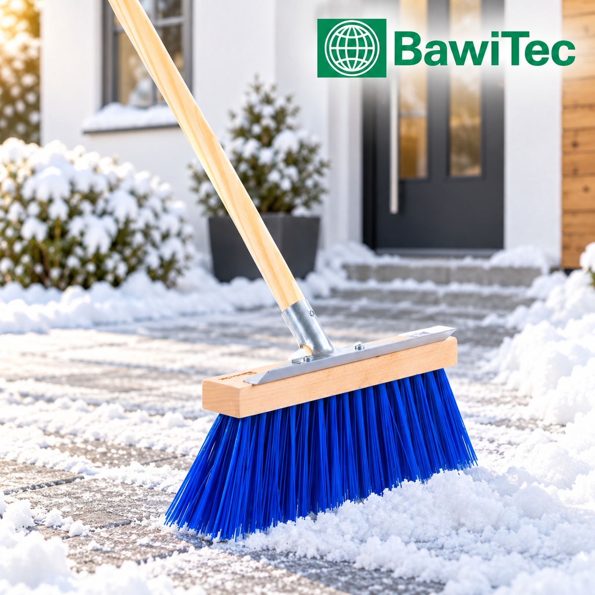 Winterbesen Schneebesen mit Holzstiel extra lange blaue Borsten