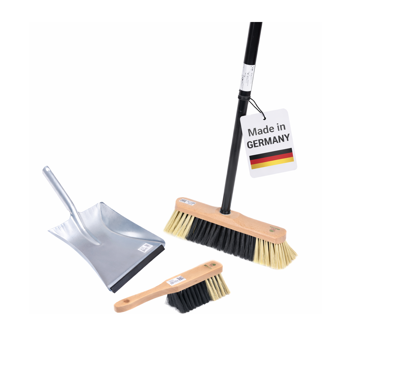 Room broom sweeping set, 4 pieces. Includes telescopic handle hand brush and dustpan with lip