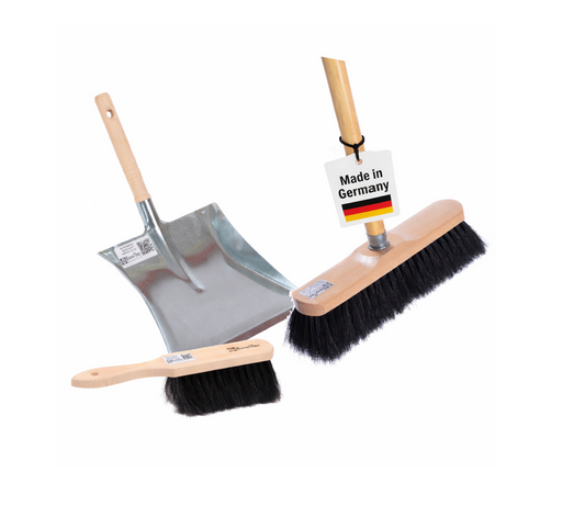 Hochwertiges Komplett-Set Rosshaarbesen Zimmerbesen mit Holzstiel Handfeger und Kehrschaufel