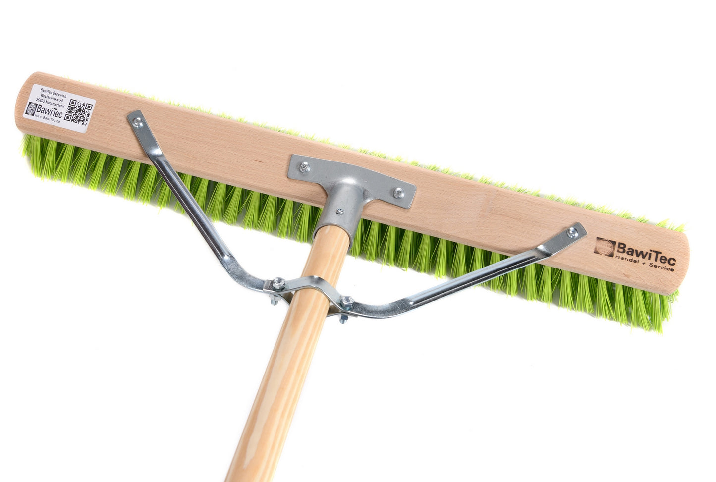 Professional street broom Elaston bristles neon green with handle stabilizer and wooden handle broom