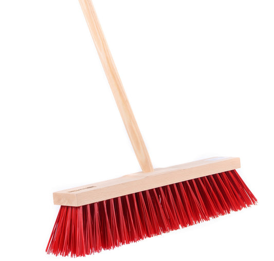 Street broom "Maxus" Elaston plastic bristles red with matching handle wooden handle robust and stable