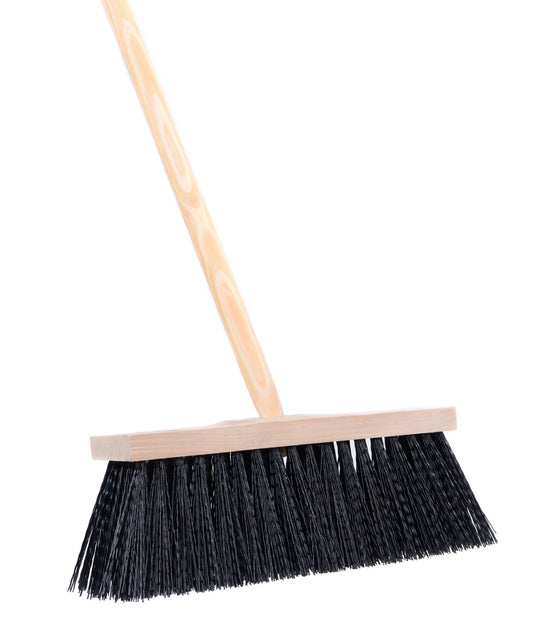 Special broom for rough work, street broom, long plastic bristles, black with handle/wooden handle