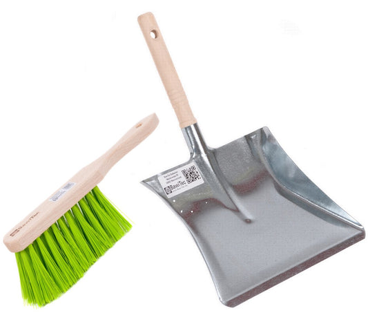 Sweeping set, sweeping set, 2 pieces. Plastic elaston bristles neon green hand brush and metal dustpan set