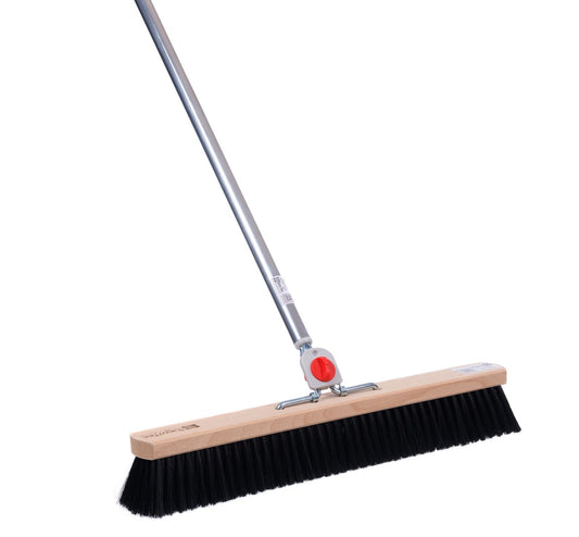 Professional hall broom synthetic hair bristles black with 4-hole change system and aluminum handle handle length 145cm