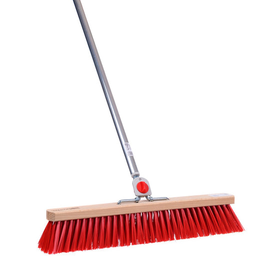 Professional street broom Elaston plastic bristles red with 4-hole change system and aluminum handle length 145cm