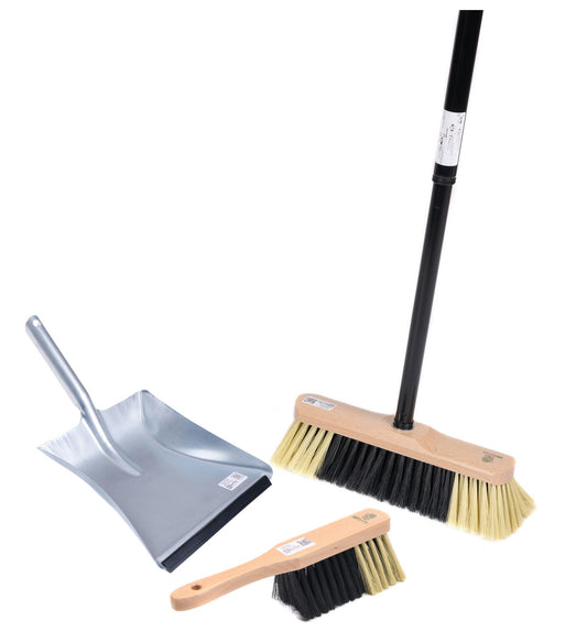 Room broom sweeping set, 4 pieces. Includes telescopic handle hand brush and dustpan with lip