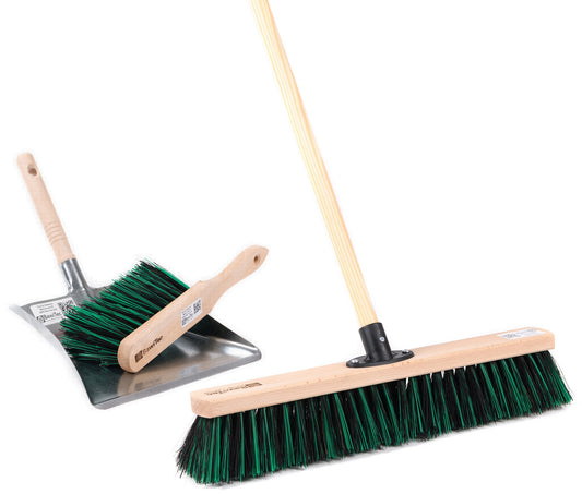 Broom BawiMix sweeping set 4 pieces. Width 40cm, wooden handle length 140cm, hand brush and metal dustpan, bristle mix 