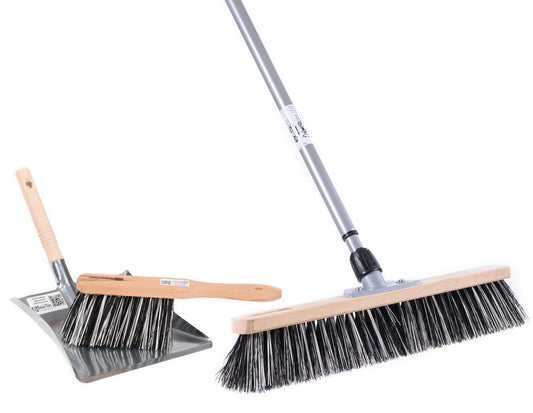 Sweeping broom set OssiBlitz bristles mix 4 pieces. Broom width 50cm with telescopic handle, hand brush and metal dustpan