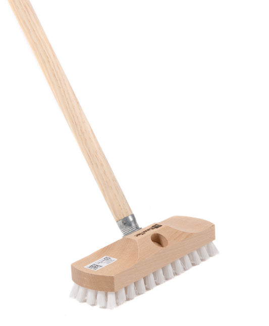 Scrubber 22cm with thread and matching wooden handle 120cm plastic bristles white